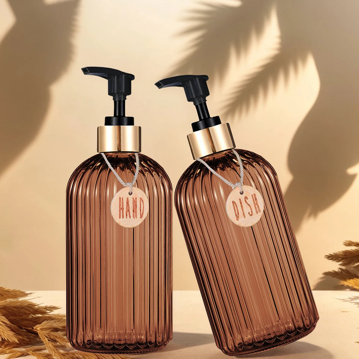 Amber Glass Soap Dispenser Set