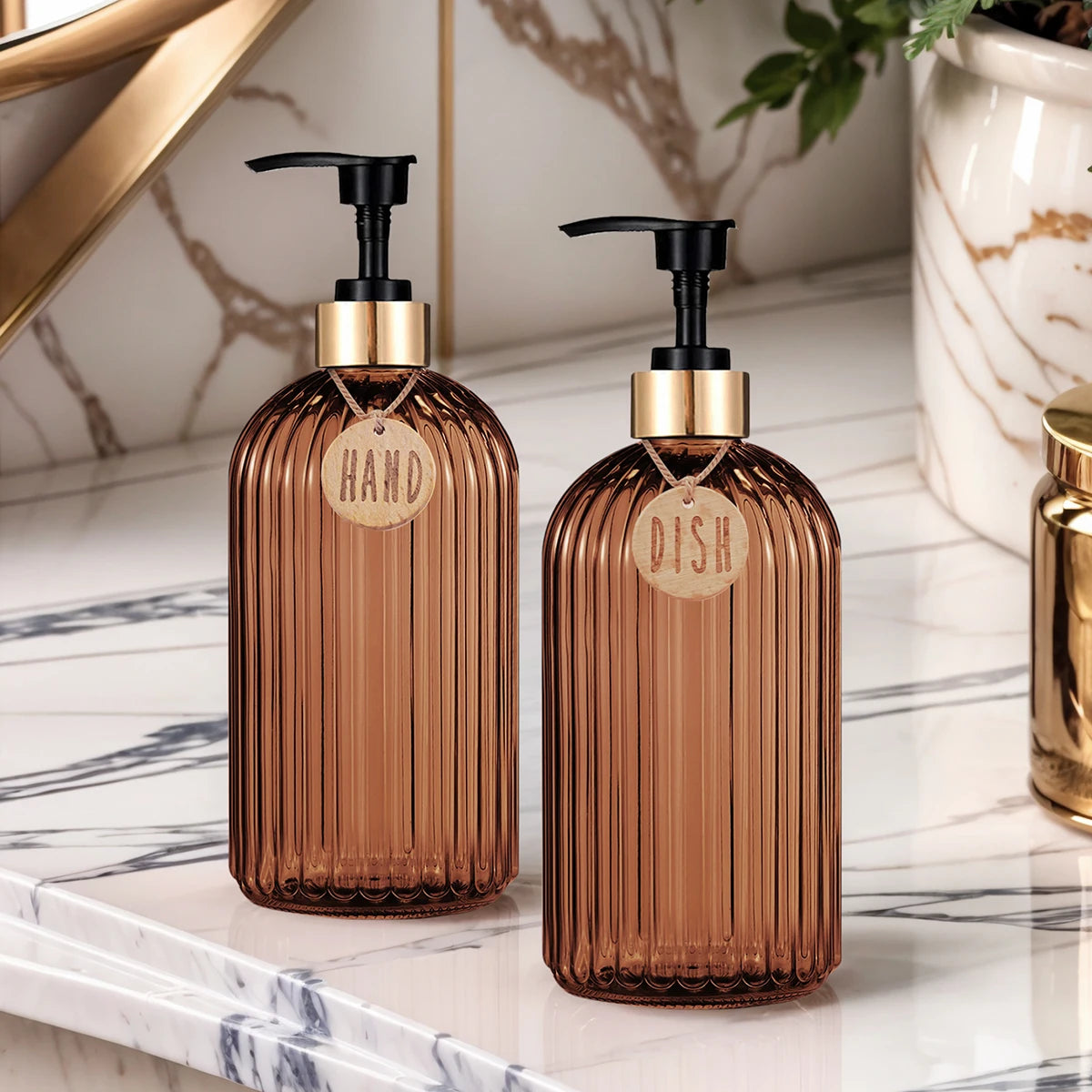 Amber Glass Soap Dispenser Set