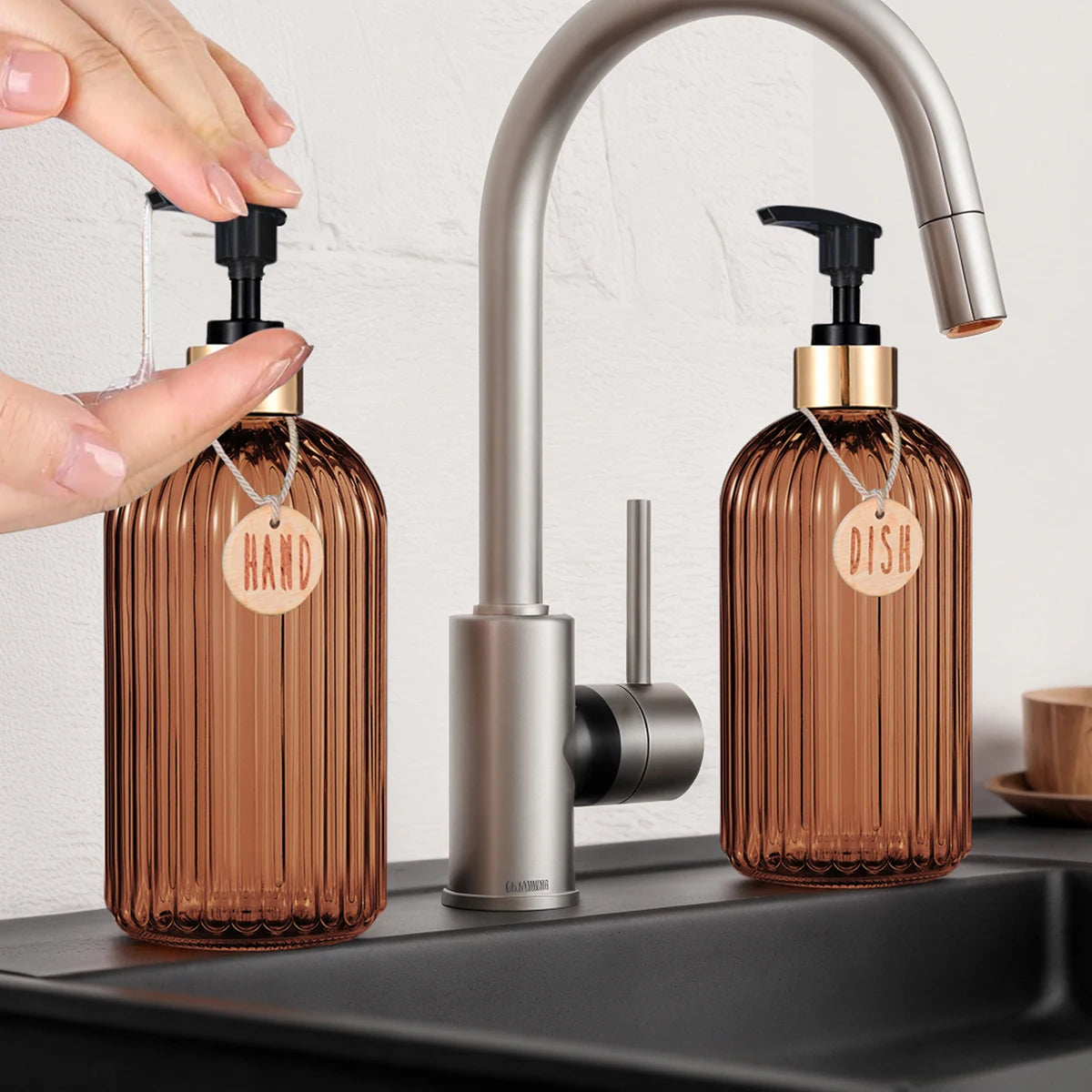 Amber Glass Soap Dispenser Set