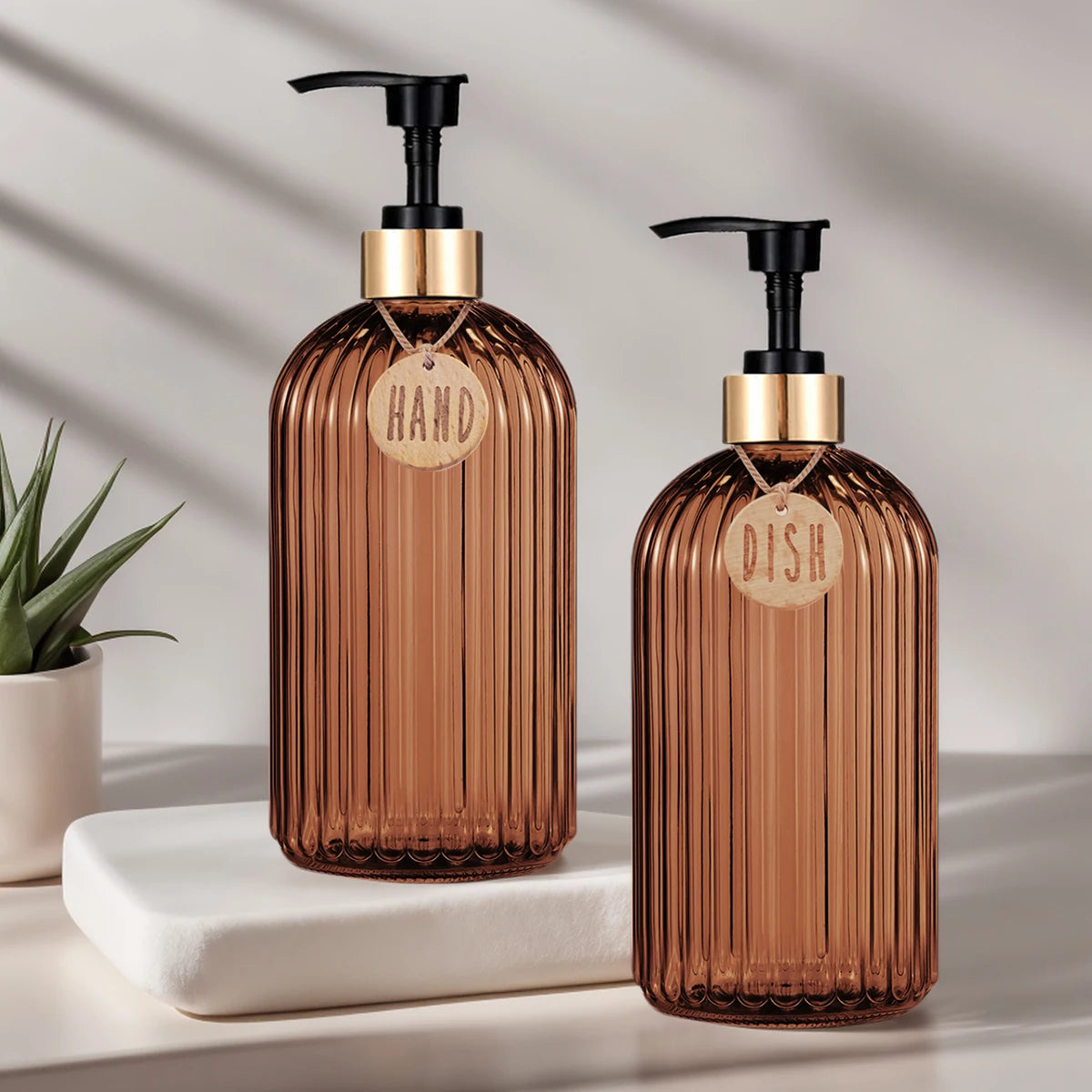 Amber Glass Soap Dispenser Set