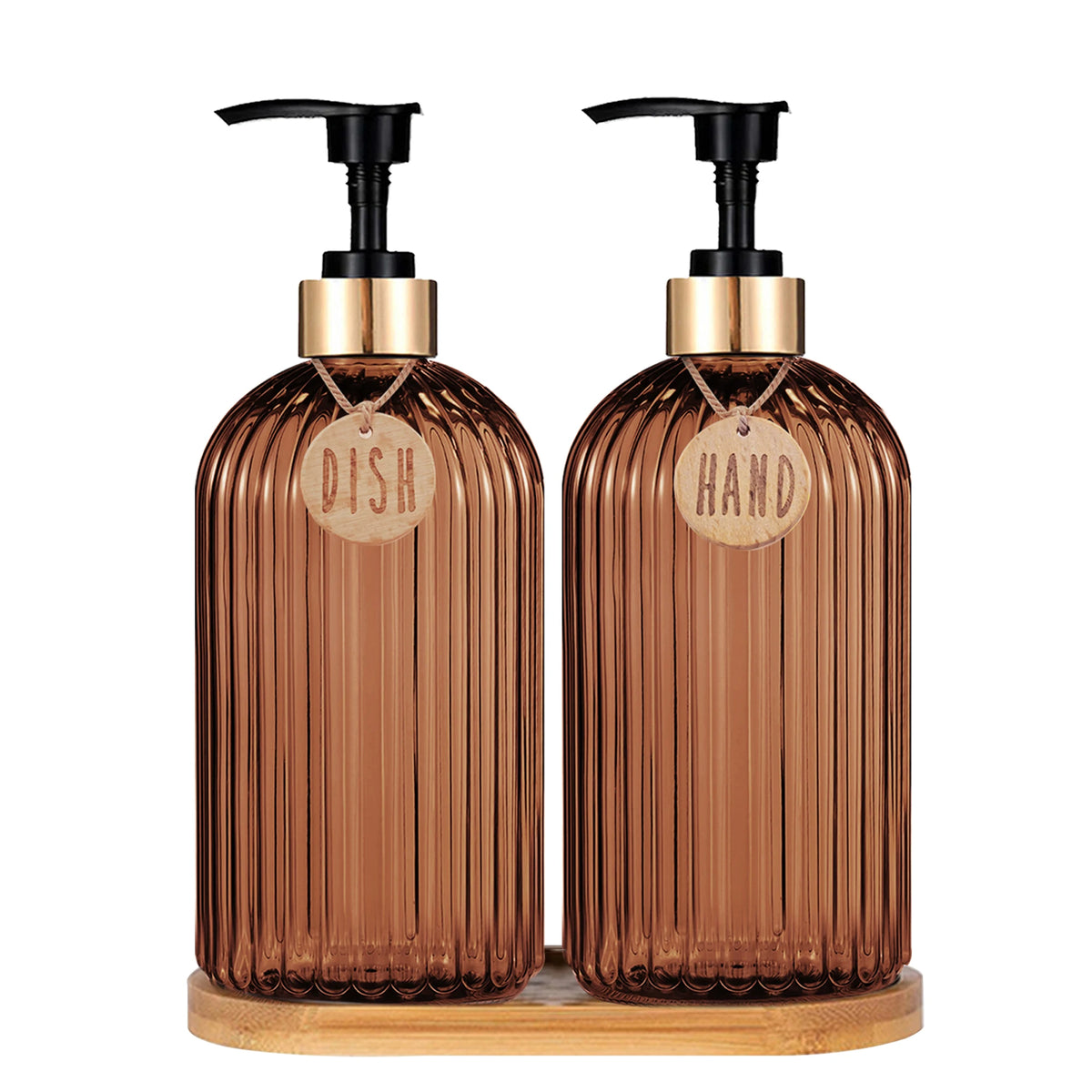 Amber Glass Soap Dispenser Set
