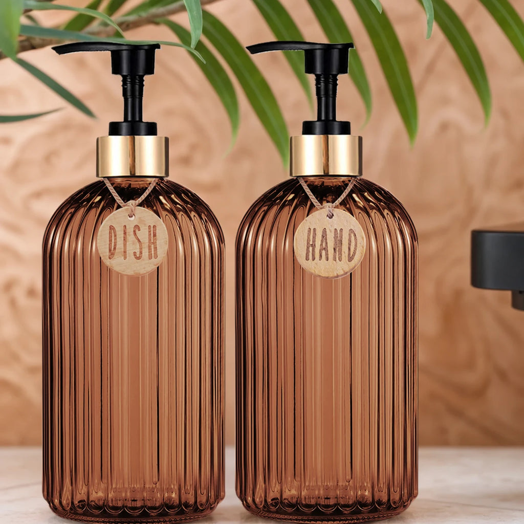 Amber Glass Soap Dispenser Set