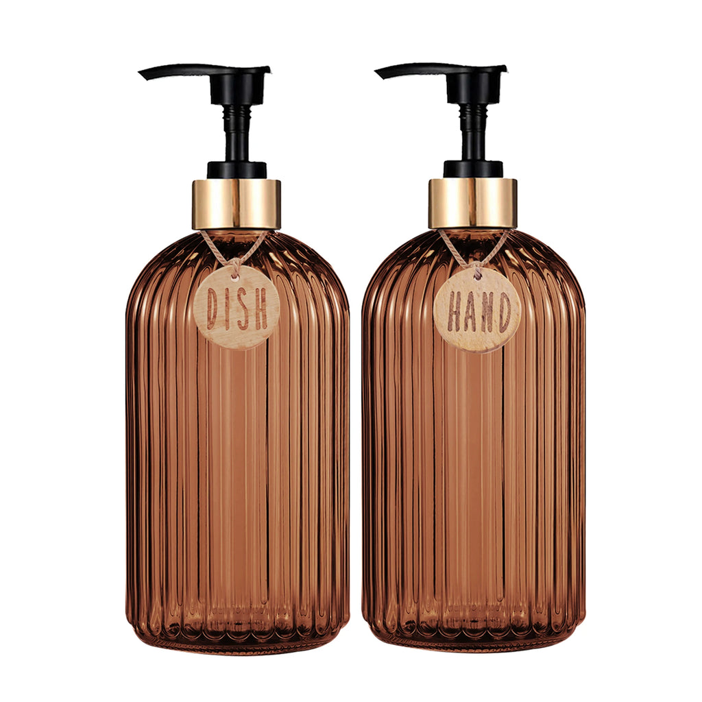 Amber Glass Soap Dispenser Set